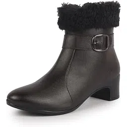 Women Flared Heel High Ankle Classic Winter Buckle Strap Side Zipper Fur Boots|Work Boot|Western Dress Boots