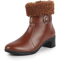 Women Flared Heel High Ankle Classic Winter Buckle Strap Side Zipper Fur Boots|Work Boot|Western Dress Boots