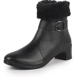 Women Flared Heel High Ankle Classic Winter Buckle Strap Side Zipper Fur Boots|Work Boot|Western Dress Boots