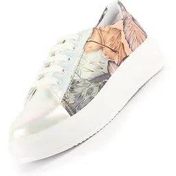 Women Glossy Floral Print Lace Up Party Sneakers | Platform Height Enhancer Casual Shoes | Memory Cushion Insole