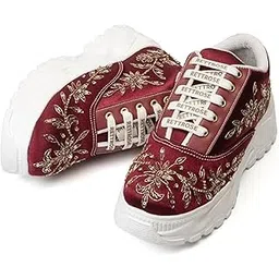 Women Hand Embroidered Wedding Party Bridal Floral High Heel Sneakers | Cushioned Insole | Comfortable Wear Wedge Shoes | for Ladies and Girls | RR1207