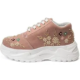 Women Hand Embroidered Wedding Party Bridal Floral High Heel Sneakers | Cushioned Insole | Comfortable Wear Wedge Shoes | for Ladies and Girls | RR1210