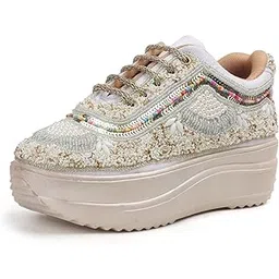 Women Hand Embroidery Wedding Party Bridal Floral High Heel Sneakers I Cushioned Insole I Comfortable Wear Wedge Shoes I for Ladies and Girls