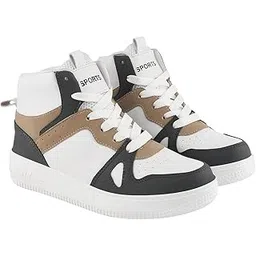 Women High-Top Sneakers – White Sports Shoes with Black & Tan Accents, Lace-Up Casual Fashion Trainers