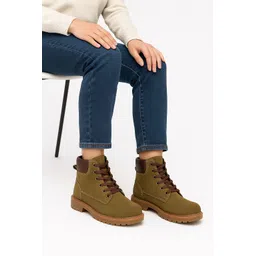 Women Pure Leather Boots | Olive Green Ankle Boots | Anti-Slip Grip Sole Boots For Women