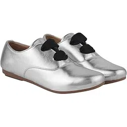 Women Silver Dress Shoes – Stylish Metallic Flats with Black Bow Detail, Perfect for Formal & Casual Occasions EU39
