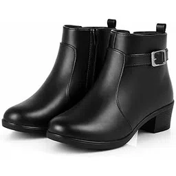 Women Stylish Comfort Ankle Boots with Side Zipper & Buckle | Soft Suede-Finish Mid Heel Booties | Casual & Winter Wear