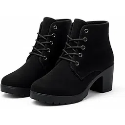 Women Stylish Synthetic Suede Lace-Up Ankle Boots | Anti-Skid TPR Sole, Block Heel Casual Outdoor Winter Boots for Girls & Women
