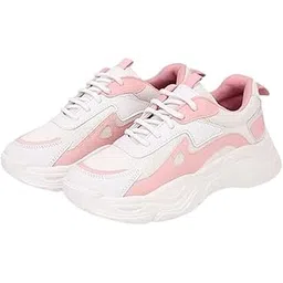 Women Trendy Chunky Sneakers | Pink & White Athletic Shoes | Stylish Fashion Sneakers for Running, Walking, Casual Wear | Comfortable & Lightweight