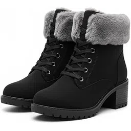 Women Winter Fur-Lined Ankle Boots | Soft Faux Fur Collar | Suede-Finish Upper | Anti-Skid Sole | Block Heel Lace-Up Boots for Women