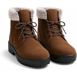 Women Winter Fur-Lined Ankle Boots | Soft Faux Fur Collar | Suede-Finish Upper | Anti-Skid Sole | Block Heel Lace-Up Boots for Women