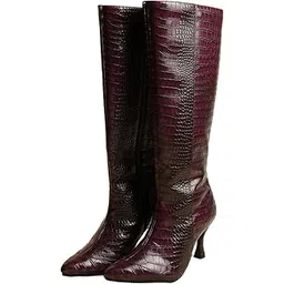 Women Winter Knee-High Cherry Red Boots | Vegan Leather Croc Texture with Warm Lining, Block Heel & Side Zip | Stylish, Comfortable & Perfect for Casual Wear