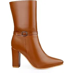 Women's 3.5 Inch Block Heel Height, Classic Leather-Stylish Mid Calf (Half Boot) Buckle Boots