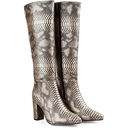 Women’s 3.5 Inch Block Heel Height Premium Faux Leather Trendy Snakeskin Knee-High Boots