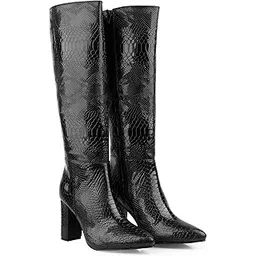 Women’s 3.5 Inch Block Heel Height Premium Faux Leather Trendy Snakeskin Knee-High Boots