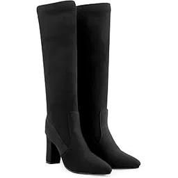 Women's 3.5 Inch Block High Heel Height, Stylish Black Casual Formal Slipon Sock Fit Knee-Length Boots
