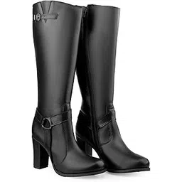 Women's 9 Cm Block High Heel Height, Casual Formal Buckle knee Length Boot With Faux Leather Material
