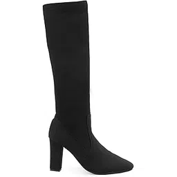 Women's 9 Cm Block High Heel Height, Faux Leather Material Black Casual Formal Slipon Sock Fit Knee-Length Boots