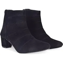 Women's Ankle Boots, Black Suede, Block Heel, Stitched Detail