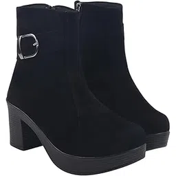 Women’s Ankle Boots with Block Heel and Side Zipper – Stylish Suede Finish Booties with Buckle Detail, Comfortable Everyday Footwear