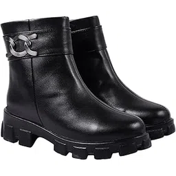 Women's Ankle Chelsea Boots with Chunky Lug Sole and Decorative Side Buckle || Stylish Faux Leather Zip-Up Booties