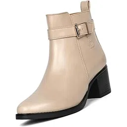 Women’s Beige Mid-Top Ankle Boots | Elegant Neck Belt Buckle Chelsea Boots | Slip-On Boots for Women | Boot for Casual Outings| LSLD-CLBT-NBBBG