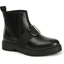 Women's Black Boots with Buckle Accent and Elastic Side Panels