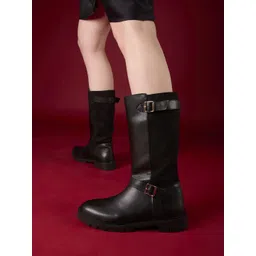 Womens Black Casual Solid Pattern Round Toe Boots Boots For Women