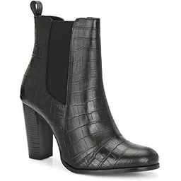 Women's Black Croc-Pattern Ankle Boots High Block Heel & Elastic Side Panel (803)