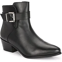 Women's Black Genuine Leather Ankle Boots Side Buckle Strap & Low Block Heel (801)