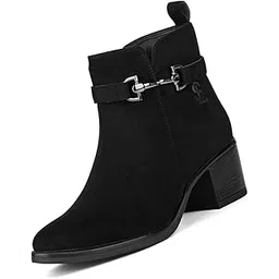 Women’s Black Mid-Top Ankle Boots | Elegant Neck Belt Buckle Chelsea Boots | Slip-On Boots for Women | Boot for Casual Outings | LSLD-CLBT-SUNBJB