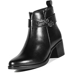 Women’s Black Mid-Top Ankle Boots | Elegant Neck Belt Double Buckle Chelsea Boots | Slip-On Boots for Women | Boot for Casual Outings| LSLD-CLBT-NBDBJB
