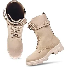 Womens Block Heel Boot With Chunky Lug Sole and Decorative Side Buckle Style | Womens's Ankle-Length Lace-Up Beige Boots with Block Heel