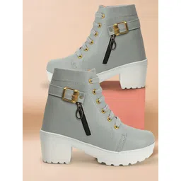 Women's Block Heel Boots Synthetic Leather Booties with Zip and Buckle Detailing Boots For Women