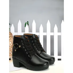 Women's Block Heel Boots Synthetic Leather Lace-Up Booties with Metal Ring Boots For Women