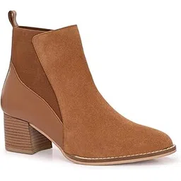 Women's Camel Genuine Leather Ankle Boots Block Heel & Elastic Side Panel (802)