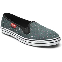 Women's Canvas Slip-On Sneakers, Grayish-Green with Red Pattern Print, Casual Fashion Walking Shoes with Rubber Sole