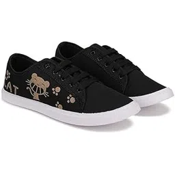 Women's Canvas Sneakers, Low Top Cat Print Design, Black with Gold Pattern, Casual Sport Fashion, Lightweight, All Season