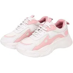 Womens Casual Platform Sneakers - Comfortable White and Pink Lace-Up Sports Shoes for Everyday Wear (White Pink-7)