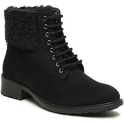 Women's chic Suede Lace-up boots with round toe Soft fur at the back for added warmth & style Ankle-length, mid-top design Platform comfort sole versatile choice Boots.