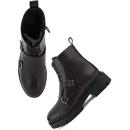 Women’s Chunky Lace-Up Combat Boots with Buckle Detail