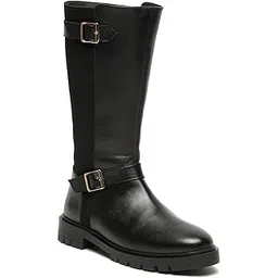 Women’s Classic Suede-Napa Finish Calf-Length easy slip-on side zipper, stylish round belt accent and Double golden buckle detail on the opposite side The round toe Platformboots.