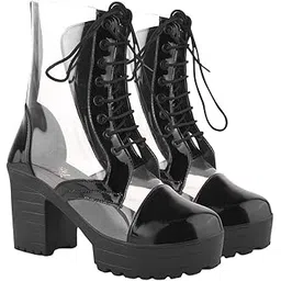 Women’s Clear Lace-Up Chunky Heel Ankle Boots – Transparent Combat Style Fashionable & Comfortable Booties with Block Heel