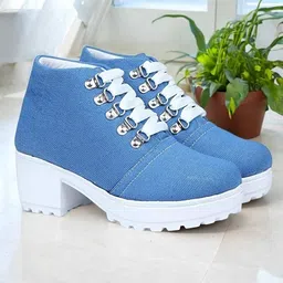 Women's Denim Canvas Block Heel Lace-Up Boots For Women