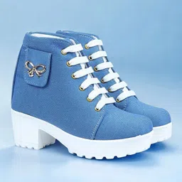 Women's Denim Heel Boots with Bow Buckle Lace-Up Boots for Casual Elegance Boots For Women