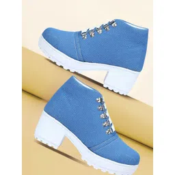 Women’s Denim Lace-Up Boots with Chunky White Block Heel – Casual Wear Boots For Women