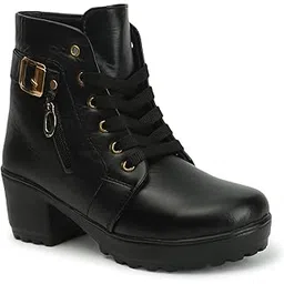 Women's Embellished Block Heel Boots | Luxury Synthetic Leather Booties with Zip and Buckle Detailing