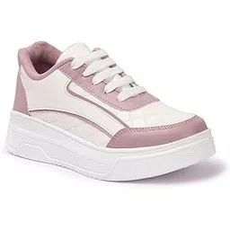 Women's Fashion Sneakers, White and Beige Color Block Design, Casual Athletic Walking Shoes with Platform Sole, Lace-up Closure