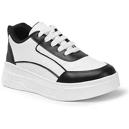 Women's Fashion Sneakers, White and Beige Color Block Design, Casual Athletic Walking Shoes with Platform Sole, Lace-up Closure