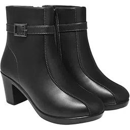 Women's Faux Leather Ankle Boots with Mid Heel and Buckle Strap – Side Zipper Comfort Booties for Fall & Winter